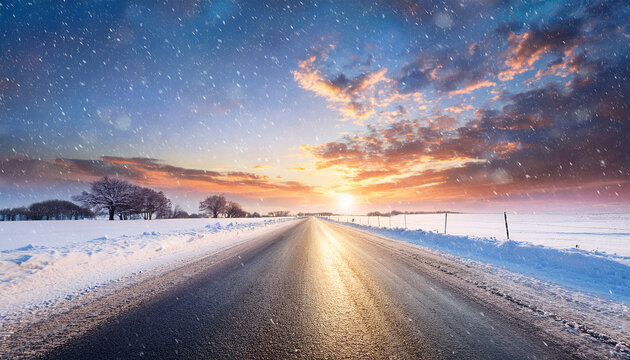 snowy road under serene skies at sunset with falling snowflakes - Powered by Adobe