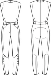Women’s fitted pants with buttoned ankle detail, front and back CAD technical sketch for fashion design, vector flat illustration.