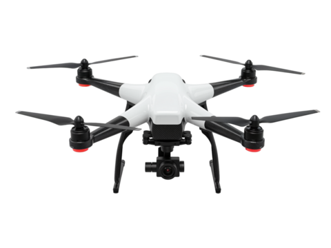 Modern white quadcopter drone with black arms and red accents viewed from above isolated on transparent background