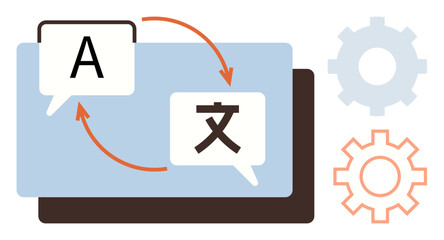Speech bubbles with text in two scripts connected by arrows, gears in background. Ideal for translation, language study, communication, globalization, localization, technology education. Simple flat