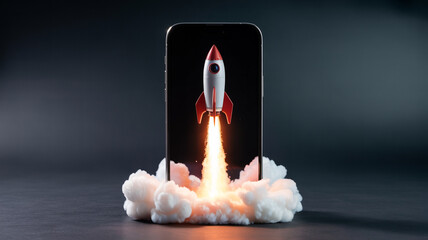Rocket launch on phone screen startup business app development mobile technology innovation success concept