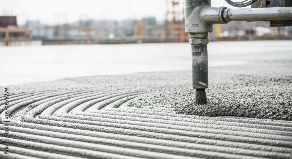 Aufkleber side view focusing on the gantrys nozzle applying wet concrete in smooth consistent lines during a l