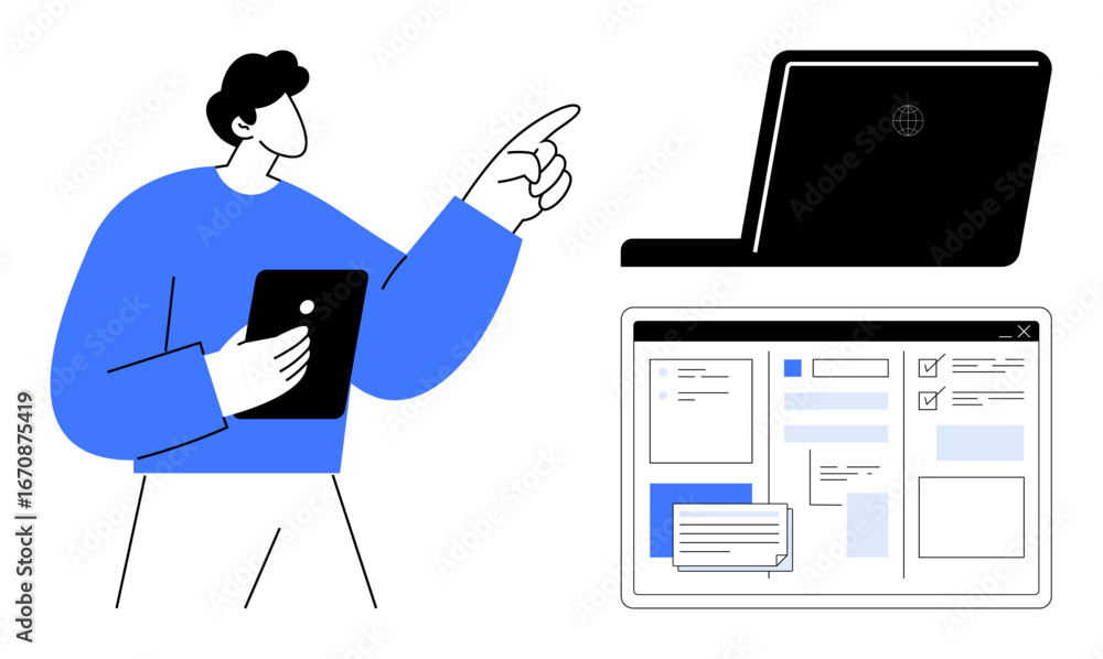Poster person interacting with digital tools, pointing to a screen with displayed interfaces and checklist.