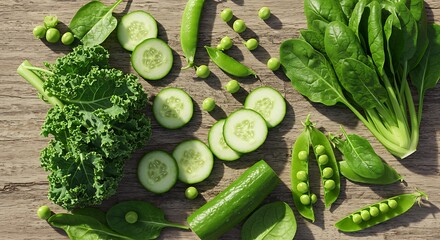 Fresh Green Vegetables Crisp Kale, Cucumbers, Spinach on Wooden Table