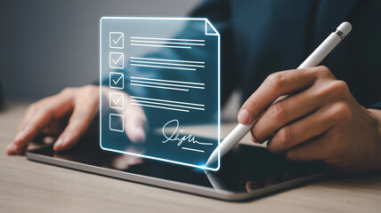 Digital signature on tablet concept for business contract agreement and document signing online process 100