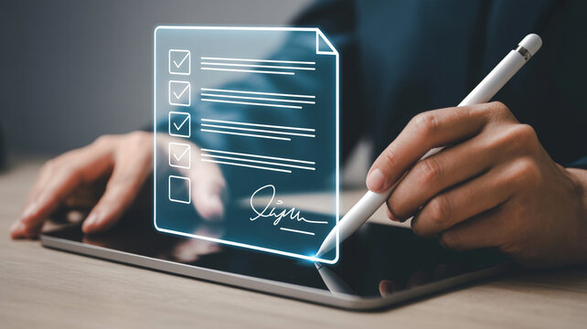 Digital signature on tablet concept for business contract agreement and document signing online process 100