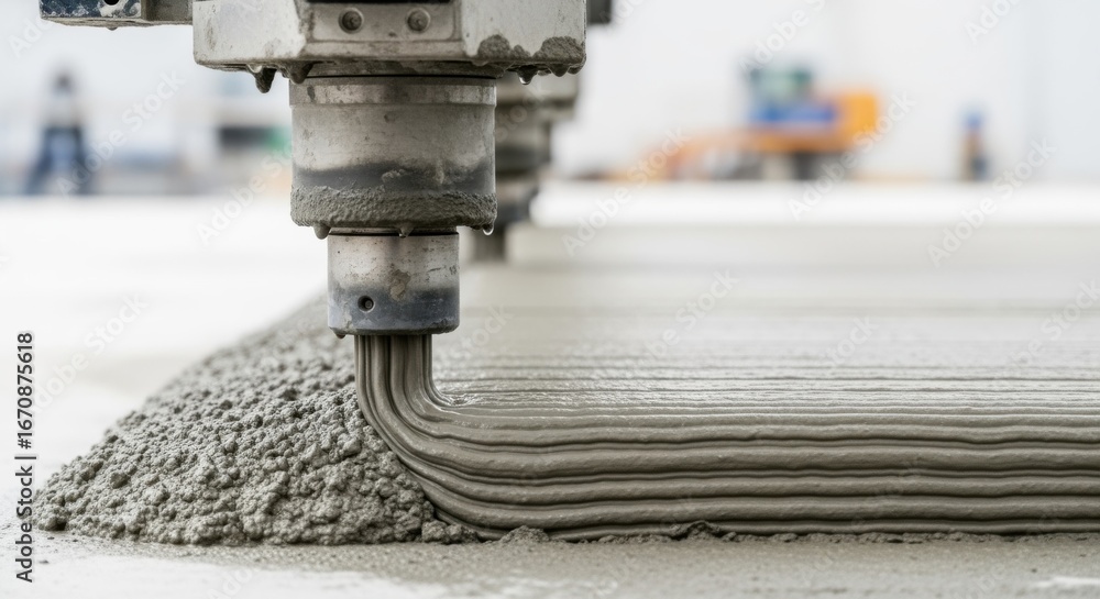 Aufkleber side view focusing on the gantrys nozzle applying wet concrete in smooth consistent lines during a l