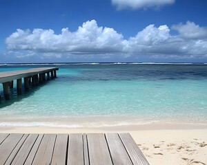 Fototapeta premium Serene Beach Pier Wooden Dock Turquoise Ocean Summer Vacation