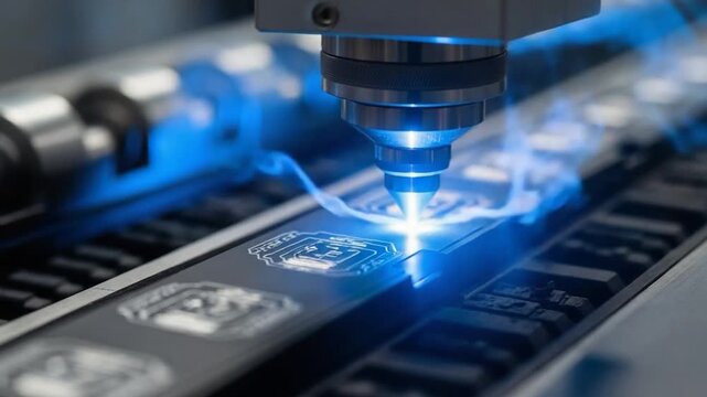 Laser Cutting Metal - Industrial Process with Blue Sparks.