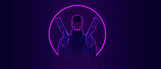 Naklejka premium Minimalistic Cyberpunk Soldier Banner with Skull Mask and Dual Guns in Neon Violet Outlin