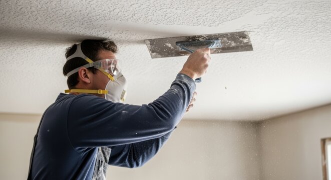 Side view of person scraping popcorn ceiling wearing a particulate respirator and goggles illustrating precautionary safety practices.