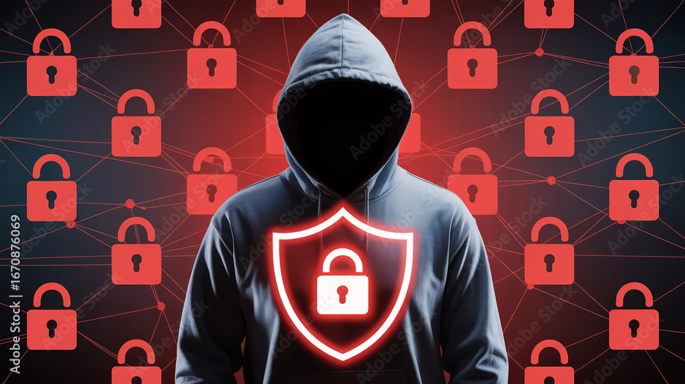 Poster cyber security hacker attack concept with hooded figure lock icons and shield for digital safety