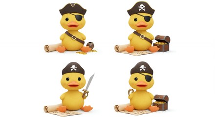 Four cute yellow pirate ducklings illustration