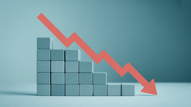 Stock market crash recession concept with downward arrow and blocks showing economic downturn and loss trend