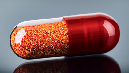 close up of red capsule with orange granules on reflective surface