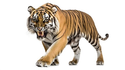 Naklejka premium Aggressive Roaring Tiger Walking on White Background