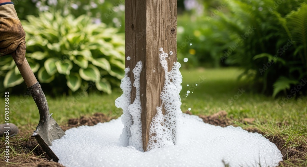 Poster side view of fence post being set with foaming concrete mixture in rural garden setting during dayti