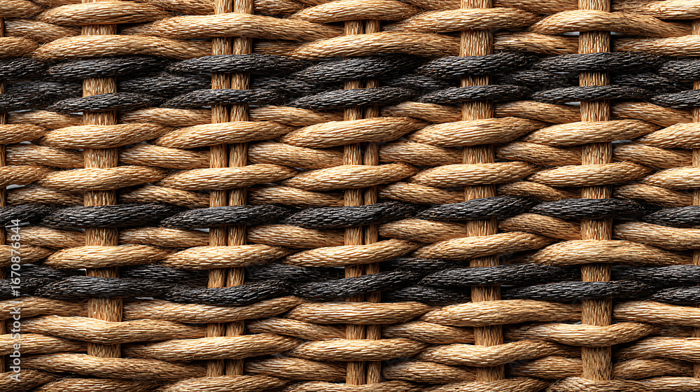 Poster a detailed macro of a two-tone woven natural fiber texture, showing the intricate pattern of the wea