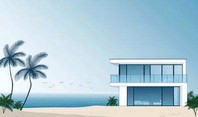 Obraz premium A luxurious villa on the sea shore, complete with palms and plants, is the perfect destination for rest and relaxation
