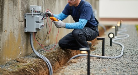 Technician inspecting lowvoltage transformer installation on a concrete wall with conduit running underground to multiple LED garden lights.