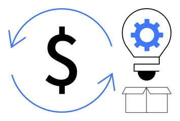 Dollar sign encircled by arrows for financial flow, gear inside bulb for innovation, with a box for delivery or product creation. Ideal for finance, innovation, business, strategy, technology
