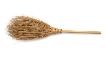 Photo of traditional broom with white background, simple household cleaning tool commonly used in Asia.
