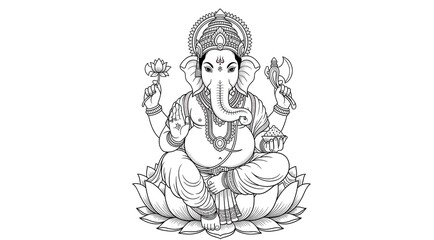 Obraz premium Detailed monochrome illustration of Lord Ganesha, the elephant-headed Hindu deity revered for wisdom and prosperity. Hand-drawn line art suitable for cultural, spiritual, tattoo, and decorative projec
