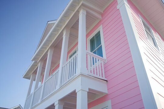 Fototapeta By the beach and ocean in Seaside, Florida, stands a wooden house tower, an example of new urbanism architecture design, with a pastel pink aesthetic, seen on a cloudy day
