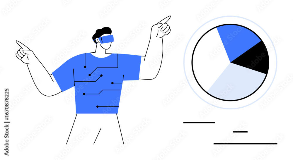 Poster man wearing vr headset while gesturing at virtual pie chart with circuit-thumbs up design on his att