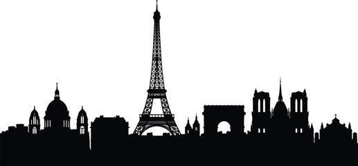 Paris city skyline silhouette with Eiffel Tower, Notre Dame, Arc de Triomphe, historic landmarks, French architecture, travel, tourism, urban vector design