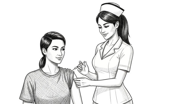 Depiction of vaccine administration by a nurse to a patient in monochrome