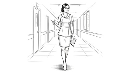 Detailed sketch featuring a friendly nurse in a hospital corridor setting