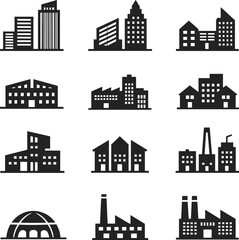 Set of black silhouette building icons, cityscape, skyscrapers, houses, factories, industrial structures, urban architecture, real estate, construction symbols, modern designs.