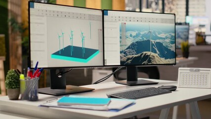 Wind turbine CAD design software used for sustainable energy research in engineering office. Software interface on PC with digital modeling of wind energy generator infrastructure - Powered by Adobe