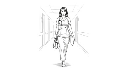Fototapeta premium Illustration of a medical professional walking in a hospital corridor style sketch