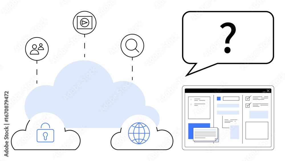 Aufkleber cloud image connected to icons for secure data, global sharing, search, and communication. speech bu