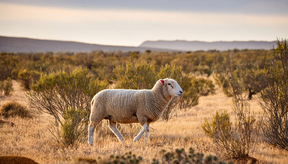 Obraz premium a merino sheep walks through arid bush land on a western cape farm
