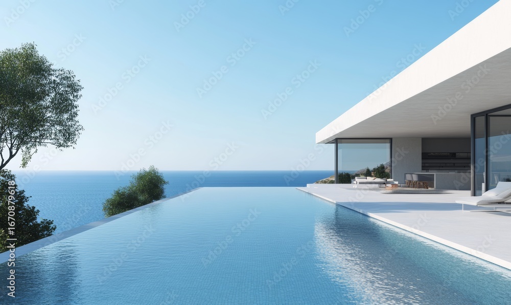 Poster in a 3d rendering, a modern house with a pool and beach view is presented in a white color scheme, s