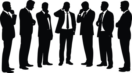 Silhouettes of business men in discussion, thinking poses, formal wear, standing group, black vector illustration, professional teamwork concept, office figures
