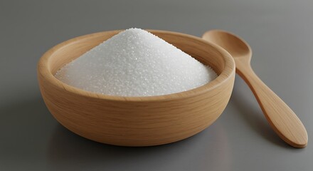 White Sugar Granules in Round Wooden Bowl with Wooden Spoon on Gray Table