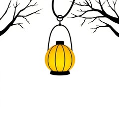 Lantern hanging between branches, minimalistic, with warm yellow light