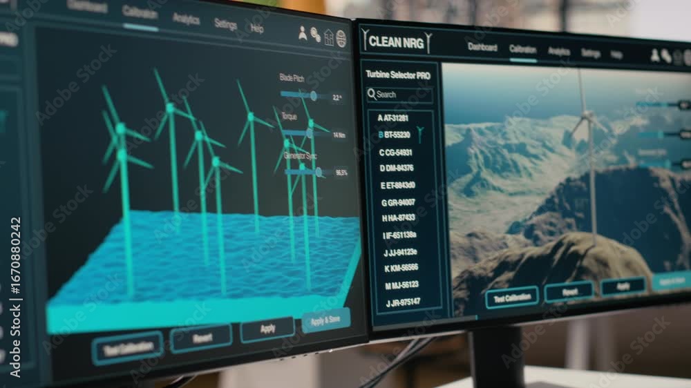 Aufkleber windmill farm cad design software displayed on monitors in engineering office. digital modeling of r
