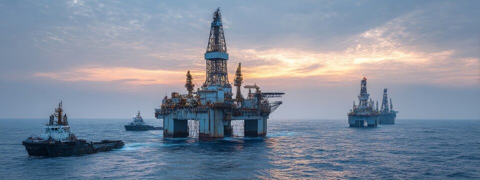 Offshore jack up rig and tow vessels during the rig move operation at the offshore location