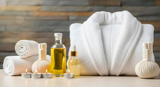 Luxury Spa Essentials with White Bathrobe, Towels, Oils and Candles