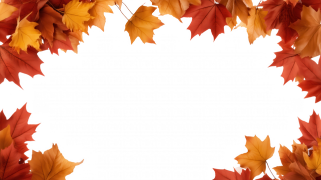 Circular pattern of autumn maple leaves with transparent background