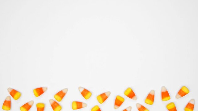 Halloween candy corn bottom border. Top down view stop motion loop video over a white background with copy space.