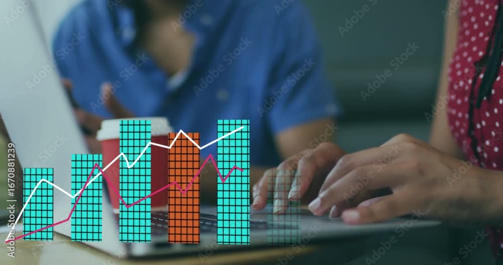 Poster colleagues typing and scrolling, animating two-color bars with line graphs showing business growth