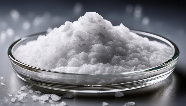 close up shot of sodium hydroxide crystals in glass bowl