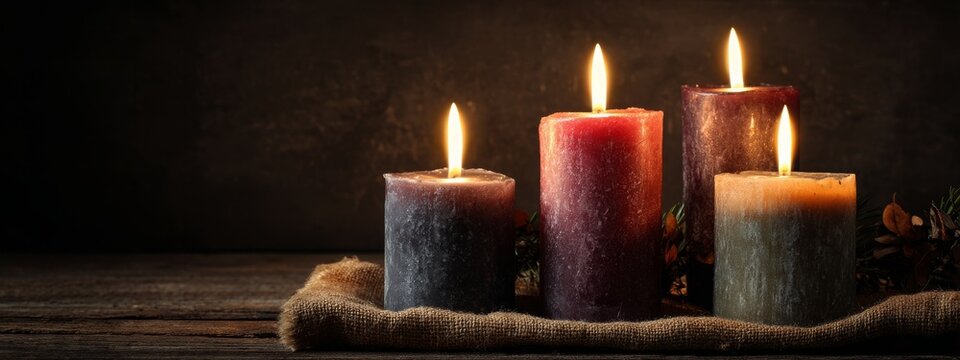 Four candles lit in advent wreath for fourth week of advent with pillar candles on dark wood