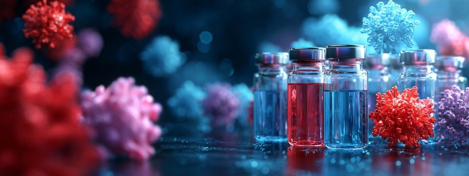 Acquired immunity vaccine, genetic pharmaceutical and immunization concept with glass vials